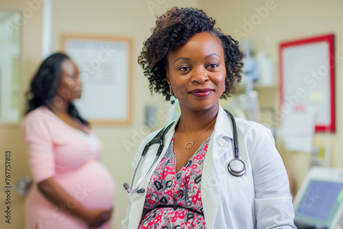 Pregnant woman in clinic, prenatal health check, reproductive examination, obstetric care