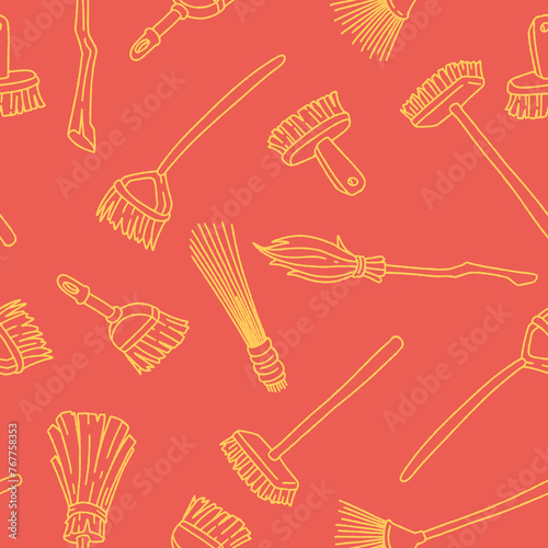 Outline Broom Vector Hand Drawn Illustration Seamless Pattern Print, Wallpaper, Decorations.