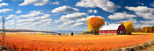 Harvest Time: Vibrant Autumn Landscape Featuring Golden Fields and a Traditional Red Barn