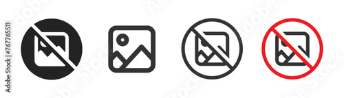 No image available icon set. Image ban symbol. Default picture in red circle, missing photo. Flat and colored style icon for web design. Vector illustration.