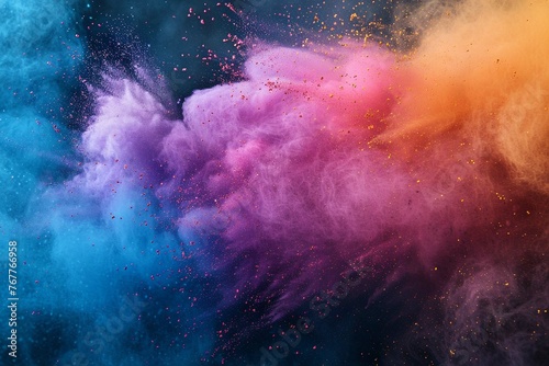 Colored powder explosion. Abstract closeup dust on backdrop. Colorful explode. Paint Holi