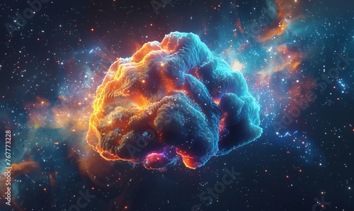 cosmic brain with vibrant nebula and stars, neural networks and artificial intelligence concept, video loop, Generative AI