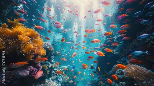 Vibrant coral and tropical fish under the sea with light rays piercing through water.