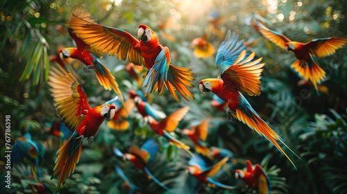 A dynamic group of colorful parrots take flight amidst lush greenery.