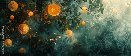A moody, atmospheric image of crypto coins depicted as glowing orbs nestled among abstract, shadowy foliage, suggesting the hidden and mysterious aspects of digital currency, isolated on a white backg