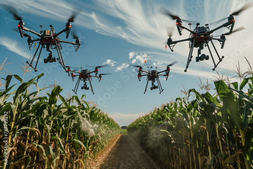 Several drones fly over a corn field with pesticide spraying systems