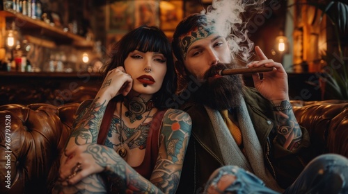 Gritty Tattooed Portraits. Tattooed woman and bearded man showcasing their ink on a vintage leather couch