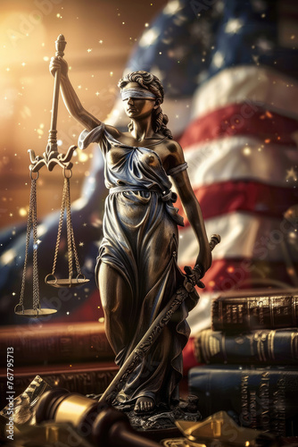 Statue of Lady Justice with blurred face - A statue of Lady Justice stands holding scales and a sword in front of the American flag, blurred face excluded, signifying order and law