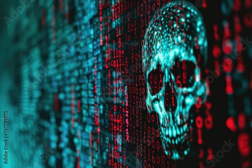 Computer code on a screen with a skull representing a computer virus malware attack.
