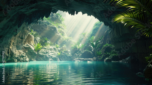 Tropical cave with pool of water. Summer exotic landscape