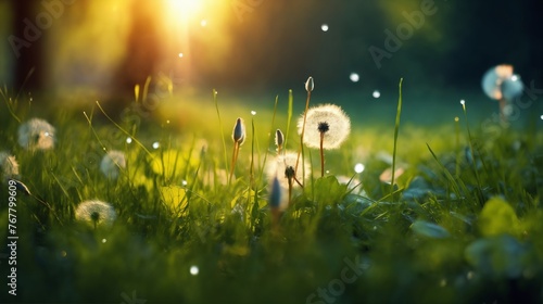 a beautiful summer landscape with dandelions and grass in a forest glade at sunset, sunlight and beautiful nature