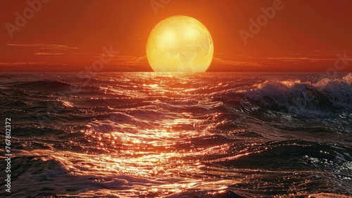 Glowing sun setting over restless ocean waves - The setting sun casts a radiant glow over the turbulent waves of the ocean, creating an intense, warm atmosphere