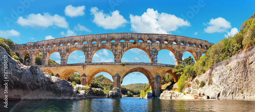 The Pont du Gard is an ancient Roman aqueduct, that is depicted on five euro note. France, summer 2022.