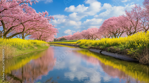 川の両側に彩る満開の桜並木と菜の花のコントラスト