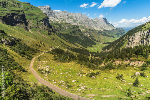 Mountain landscape and pass road at Klausen Pass, view towards Urnerboden, Spiringen, Canton of Uri, Switzerland