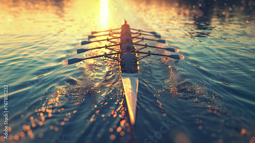 Rowing - Coxless Four: A rowing team of four rowers in a coxless boat, rowing in sync and powering through the water.