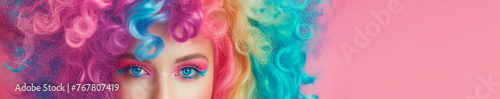 A woman with rainbow colored hair is the main focus of the image. The hair is styled in a way that it is in motion, giving the impression of a lively and energetic personality