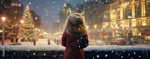 Rear view of girl standing at the city square and looking at Christmas tree in winter time, Christmas tree in evening snow city,