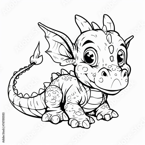 cartoon of a big cute dragan with a horn children coloring book page, white background