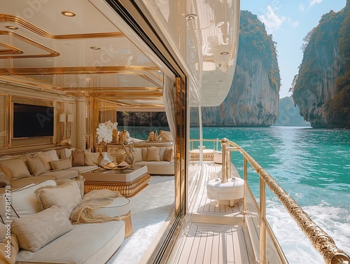 interior of a very luxury yacht full of glass and gold with a beautiful view
