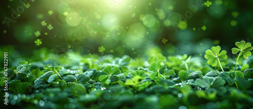 Green clover leaves with dew drops. Green clover leaves in sunlight.Generative AI