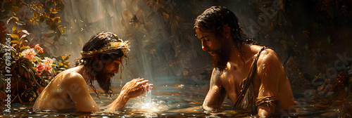 Jesus Christ's Baptism by John the Baptist , John the Baptist baptize Jesus Christ in the Jordan river in Israel 