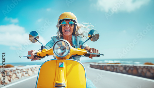 Embracing Life's Journey: laughing middle aged woman on yellow motor Scooter riding beach street road, Celebrating Retirement Benefits, Joyful Adventures.Happy elder retired people and travel concept