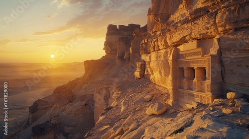 The sun setting behind the weathered facade of an old desert fortress, with sandstone walls, ornate carvings, and sweeping views of the arid landscape.