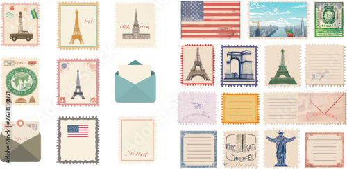 Air mail envelope, post office stamp and postal stamps vector set