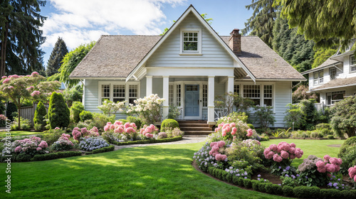 A traditional cottage style house with a charming front porch with beautiful flowers and green grass