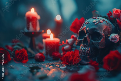 burning red candles, red roses and decorative skull sculpture. 