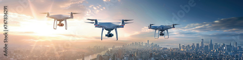 A trio of drones equipped with cameras hovers above an urban skyline bathed in the soft light of dawn