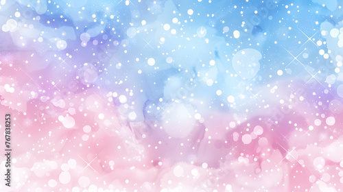 Snow falls on a pink and blue backdrop, creating a watercolor painting