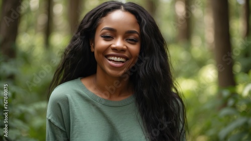 Overjoyed young black woman spend day green forest feel good