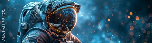 A lone astronaut with a visor reflecting the birth of stars floating in zero gravity. Background of the vast universe