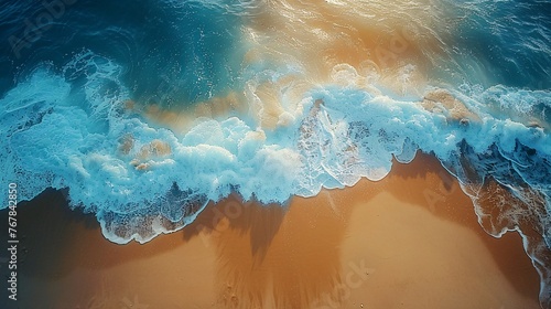 an exhilarating aerial view capturing the vast expanse of ocean waves crashing onto a sun-kissed beach