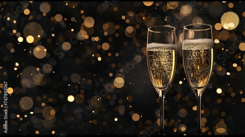 Festive luxury celebration birthday new year's eve sylvester or other holidays background banner greeting card - Toast with sparkling wine or champagne glasses on dark black night background