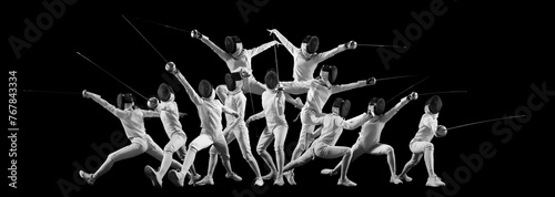 Collage in monochrome filter. Sequence of fencer's movements captured in multiple exposures against black background. Concept of professional sport, championship, match, tournament, world cup. Ad