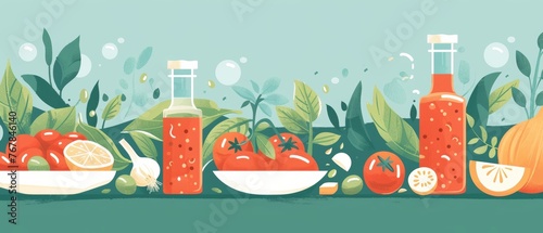 In this illustration, the ingredients of the tomato sauce are shown in a flat configuration: olive oil, tomatoes, garlic, onion, oregano, basil, sugar, salt and pepper.