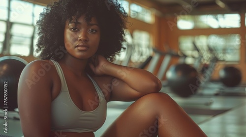 Black woman, fat body positive beauty, doing sports in the gym or fitness center. Motivation for a healthy lifestyle. Generative ai
