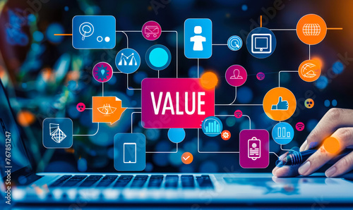 Corporate executive virtually engaging with concepts of value creation, encompassing finance, teamwork, innovation, and assets in a digital interface