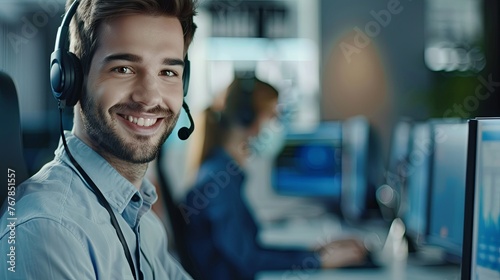 Portrait of call center worker accompanied by his team. Smiling customer support operator at work, kind helpful young man working at customer service center, 