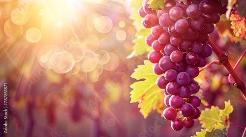 Red wine grapes on vine in summer vineyard on blurred vineyard background, close upClose-up of a red grape cluster hanging on a vine in a sunny vineyard