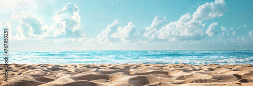 Sandy beach with sea view and sky background, summer tropical holiday landscape, sand and ocean banner hd