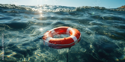 Orange lifebuoy in the sea on the water. Generative AI