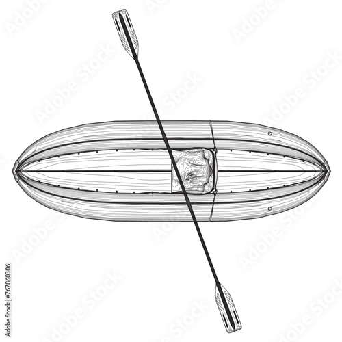 Outline of Inflatable Boat With Peddle. Cartoon Simple Style Isolated Flat Vector Illustration On White Background. Rubber inflatable boat transportation vector. Top view.