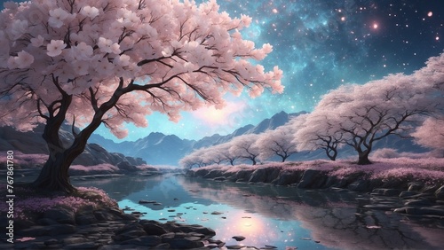 川沿いの桜並木 イラスト 夜桜
