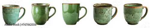 Green mugs set PNG. Set of green cups PNG. Red rustic mug PNG. Cup for coffee or tea drinking isolated. Old rustic mug PNG