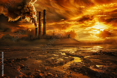 Fiery sunset colors the sky above industrial smokestacks in a muddy landscape, invoking an ominous tone