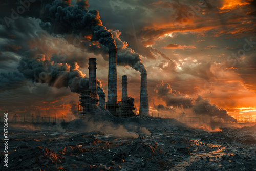 A dystopian vision of industrial pollution, with smokestacks emitting plumes of smoke against a dramatic fiery sunset sky